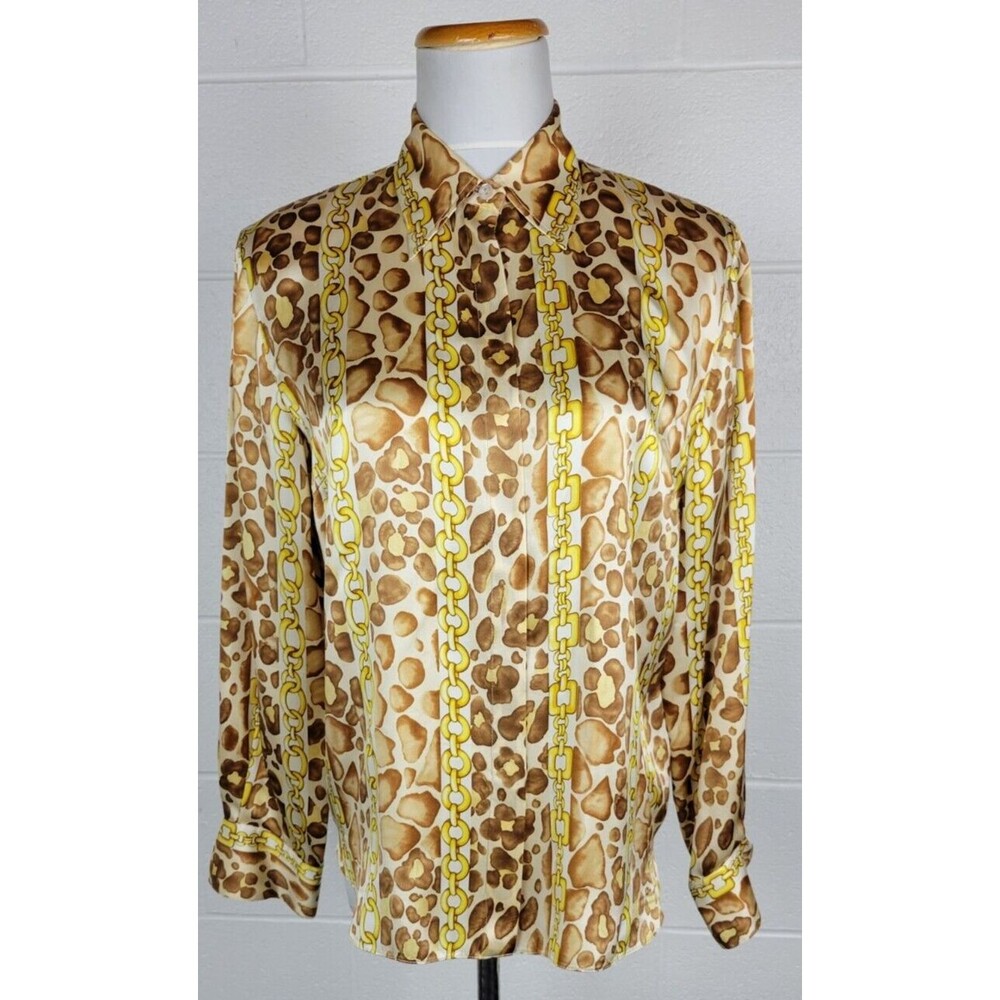 Vtg Starington by Charlotte Womens Leopard Gold Chain Print Silk‎ Blouse Sz 8